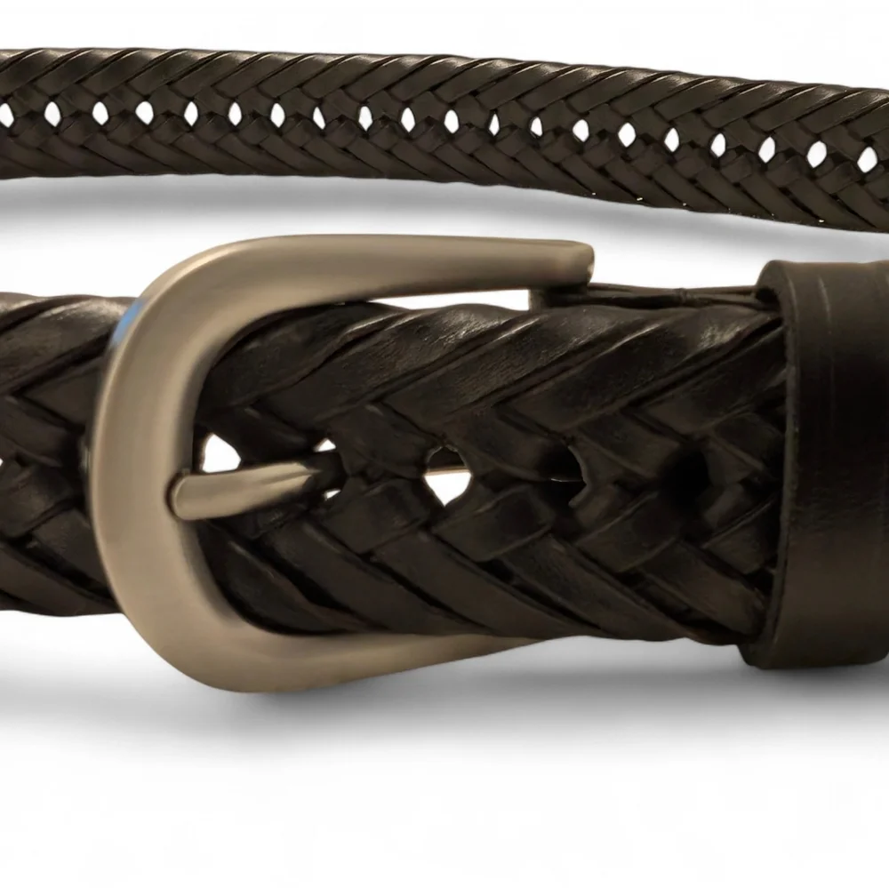 BLACK LEATHER Braided Belt Long Adjustable Silver Buckle XL 50" - Picture 8 of 12